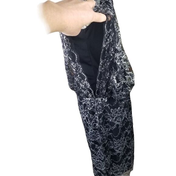Black Sheer Metallic Silver Sparkle Floral Lace Little Black Dress - Picture 7 of 12